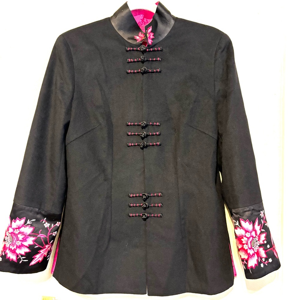 Gorgeous Vintage Cashmere Silk Asian Jacket Black Pink Size Medium Fitted Pankou
